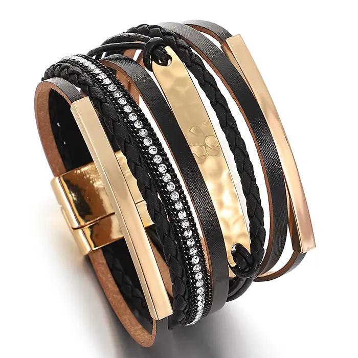 ALLYES Vintage Bracelet en cuir tressé à la main pour femmes hommes Boho gros multicouche Wrap large Bracelet Bracelets Punk bijoux