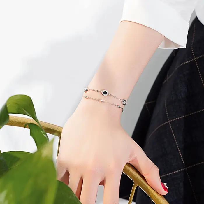 Bracelet réglable rond double couche en acier inoxydable incrusté de coquille personnalisé pour femme