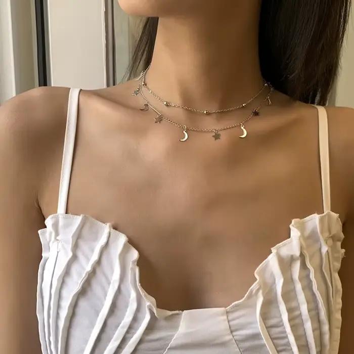 Collier ras du cou avec pendentif étoile et lune pour femmes, Double couche, minimaliste, Vintage, à la mode, 2023