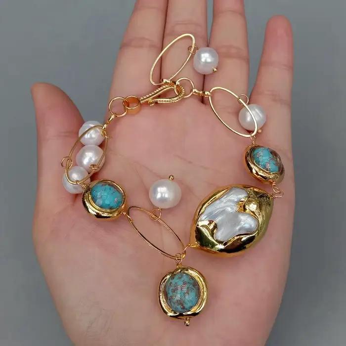 KKGEM 16mm bleu Murano verre plaqué or 22x32mm nacre coquille perle de culture Bracelet femmes bijoux cadeau