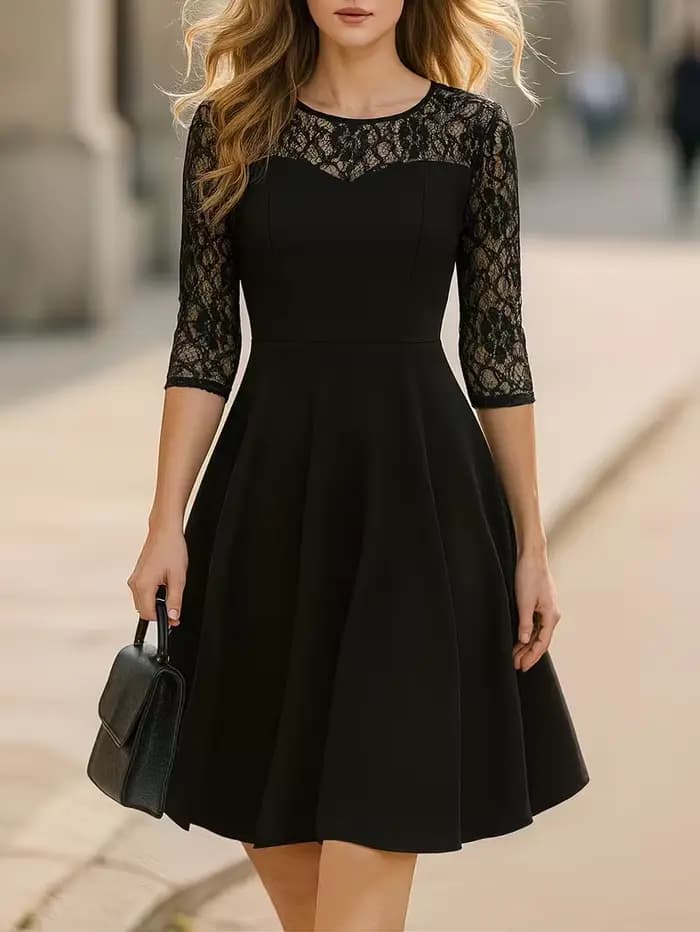 Robe trapèze noire élégante à col rond et manches 2/3 pour femme, idéale pour le bureau ou l'été, coupe ample et élégante