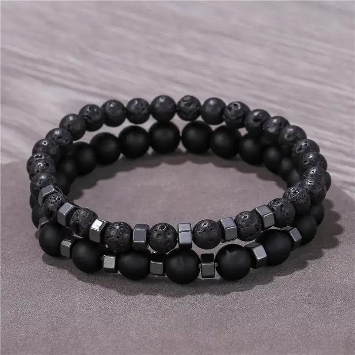 2 pièces/ensemble Bracelet de perles hommes pierre de lave Agate oeil de tigre perle charme hommes femmes Bracelet ensembles bijoux meilleurs cadeaux Pulsera Hombre
