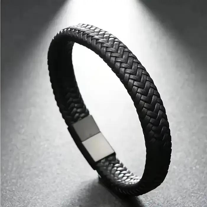 Bracelet en cuir tressé noir classique avec fermoir magnétique, fermoirs robustes et élégants pour homme, bijou simple et tendance, cadeau