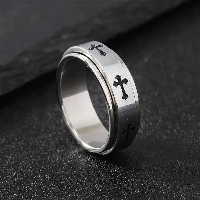 Bague croisée rotative en métal pour hommes et femmes, couleur argent, en acier inoxydable, Punk gothique, accessoires simples, bijoux chrétiens, cadeau