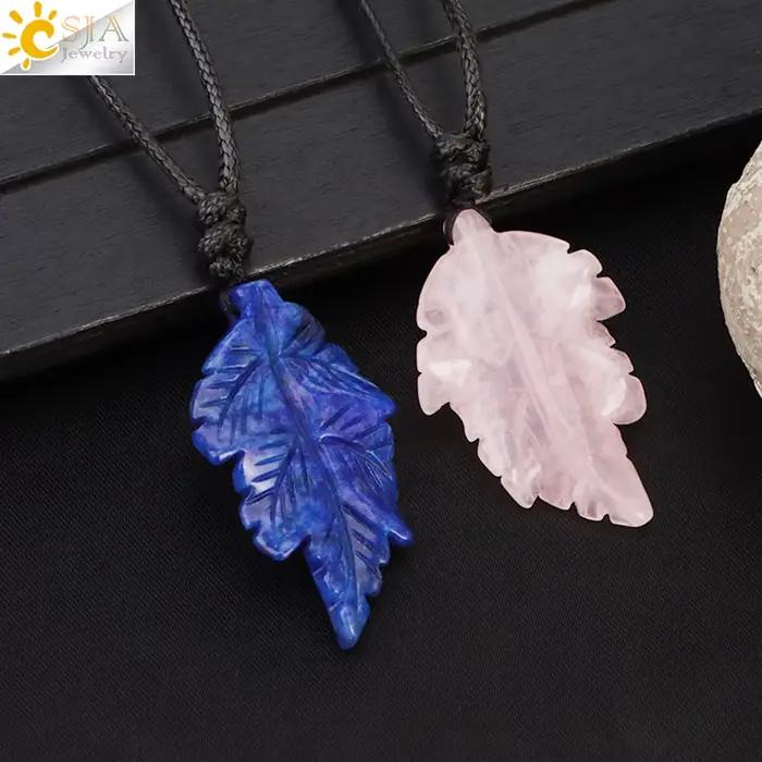 CSJA – collier avec pendentif feuilles en pierre naturelle pour femmes, colliers en cristal sculpté à la main, bijoux pour hommes, cadeau d'halloween H246