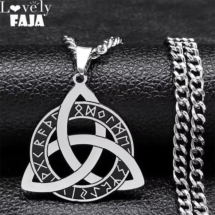 Collier pendentif en acier inoxydable avec runes Futhark vikings nordiques, symbole de nœud celtique Triquetra, Trinité Sainte, amulette, bijou cadeau