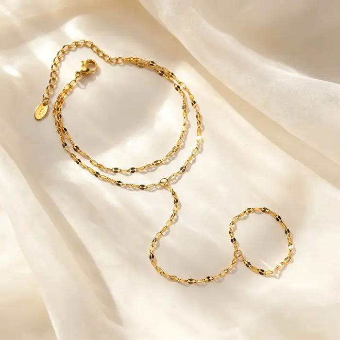 Bracelets de main minimalistes de luxe plaqués or pour femmes, bracelet à chaîne fine avec anneau de doigt, bijoux élégants en acier inoxydable