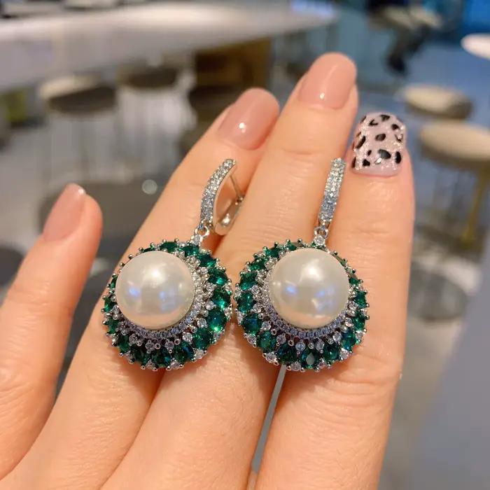 Boucles d'oreilles blanches Big Pearl None pour femmes, collier pendentif émeraude verte, ensemble de matiques, bijoux de mariage, cadeau de travailleurs, clavicule, JOL