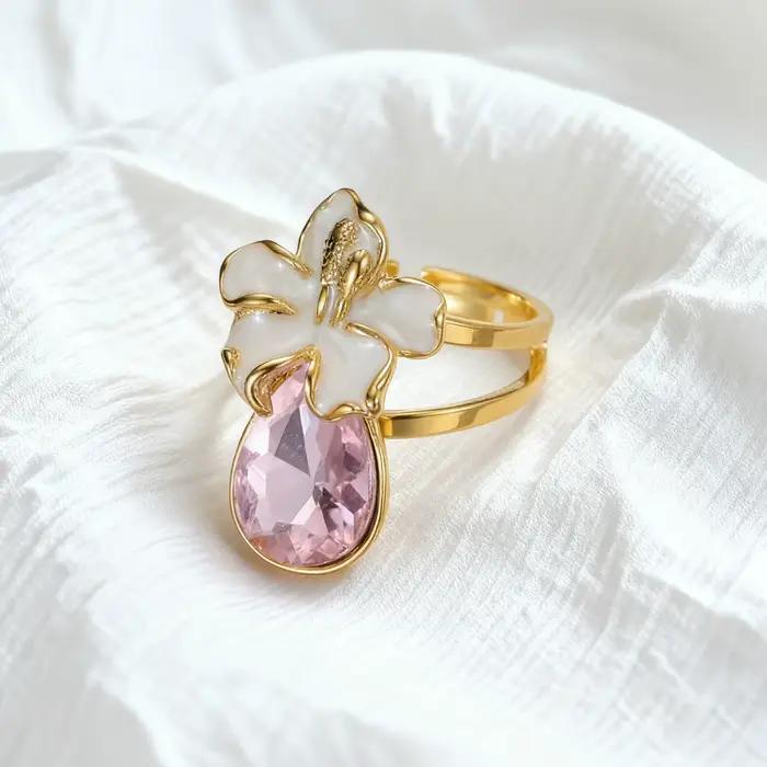 Sifisrri Simple Zircon fleur perlée anneaux pour femmes fille en acier inoxydable bijoux réglable couleur or anneau cadeau de noël
