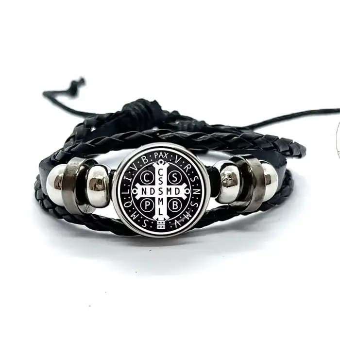 Bracelet en cuir avec médaille de Saint benoît, catholique, dôme en verre, boutons à pression, accessoires bijoux pour hommes et femmes