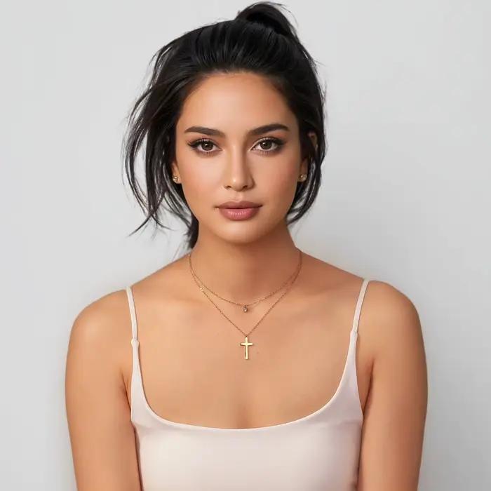 Collier superposé pour femme, double pendentif empilable avec CZ et croix, bijoux tendance en acier inoxydable, étanche et hypoallergénique
