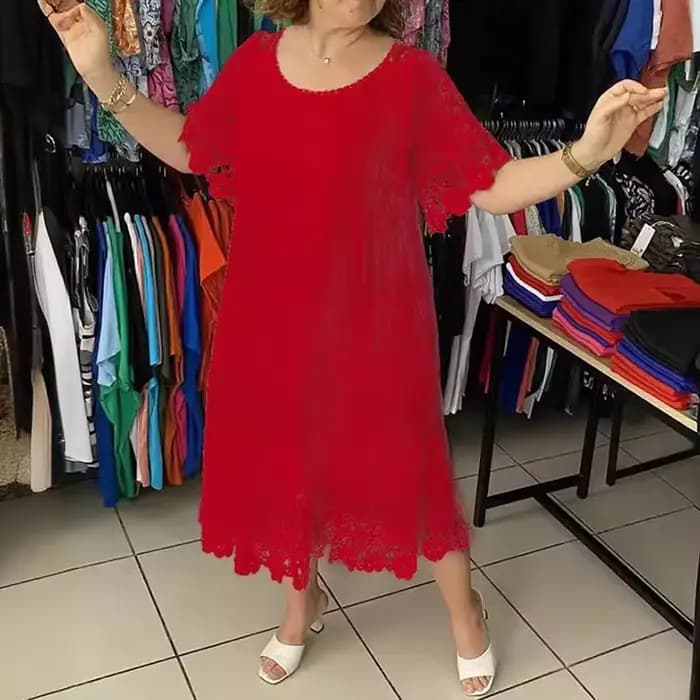 Robe longue brodée rétro à manches courtes pour femmes, col ras du cou, robe élégante pour dames, monochromatique, robe de soirée club, dentelle de bureau, mode 2024