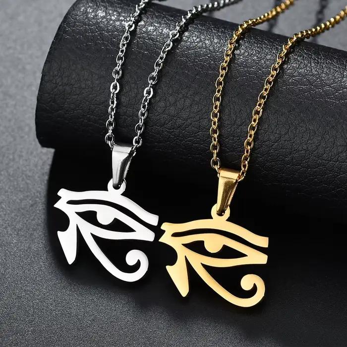 Collier pendentif l'oeil d'horus en acier inoxydable, série égyptienne ancienne, ras du cou Ra Eye pour femmes et hommes, cadeau d'anniversaire pour père