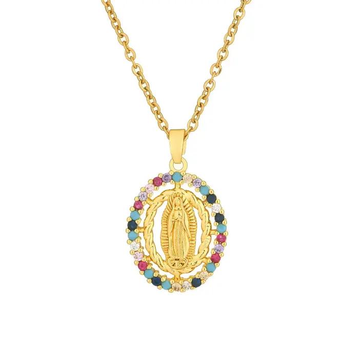 Collier vierge marie pour femmes, pendentif elliptique en Zircon coloré, chaîne de couleur or, mode féminine, croyance, prière, bijoux de fête