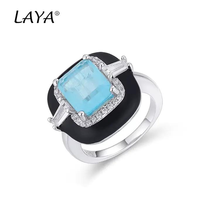 LAYA 925 en argent Sterling mode brillant Zircon naturel bleu pierre noir émail carré anneau pour les femmes cadeau mode bijoux fins