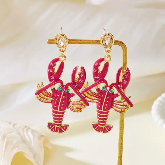 Boucles d'oreilles pendantes créatives en forme de homard ornées de strass rouges exagérés pour femmes et hommes bijoux de fête d'été occasions spéciales style bohème chic