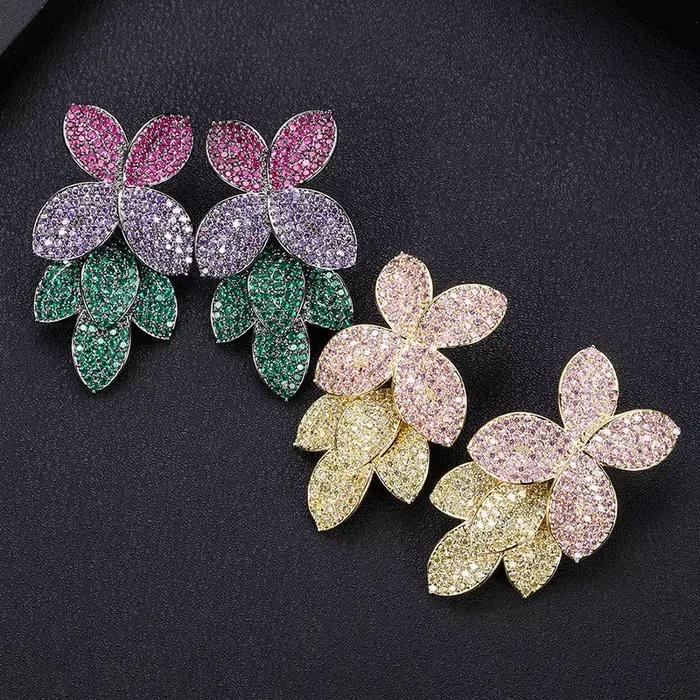 Bilincolor-Boucle d'oreille de luxe pour femme, grosse boucle d'oreille fleur violette et rouge, cuir chevelu vert