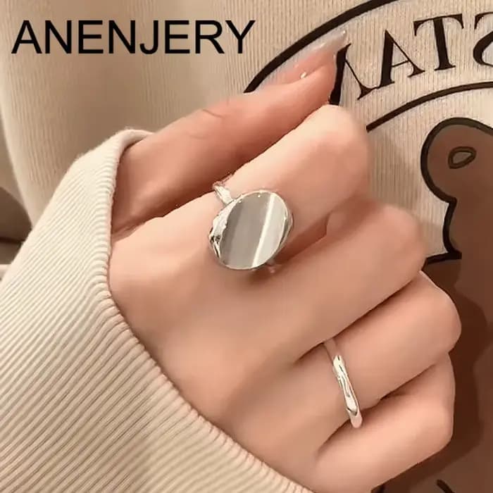 ANENJERY argenté géométrique ovale lisse brossé anneau ouvert pour les femmes Unique à la mode polyvalent anneau bijoux en gros
