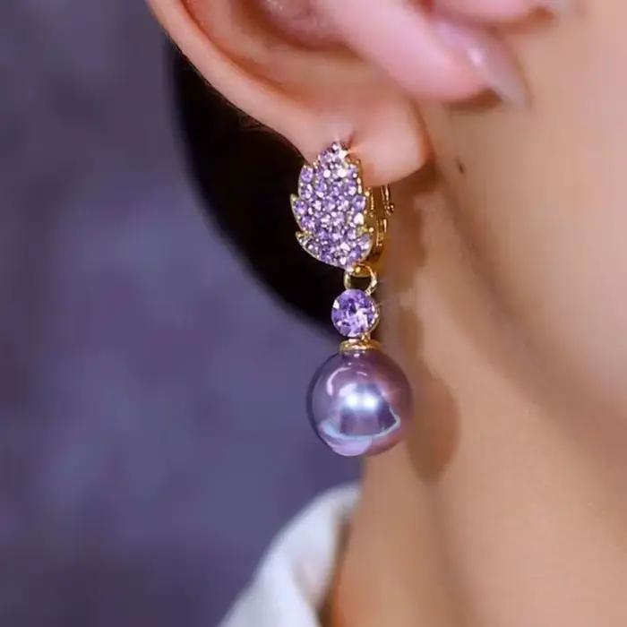 Boucles d'oreilles de luxe pour femmes, romantique, violet brillant, feuilles de Zircon, pendentif en perles, bijoux de charme de mariée de mariage
