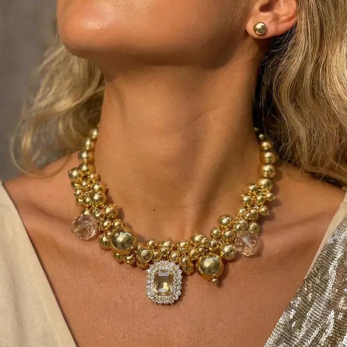 Ensemble de bijoux vintage de luxe pour femmes, plaqué or, perles CCB, strass brillants, pendentif géométrique, collier ras du cou, boucles d'oreilles, cadeau de mariage