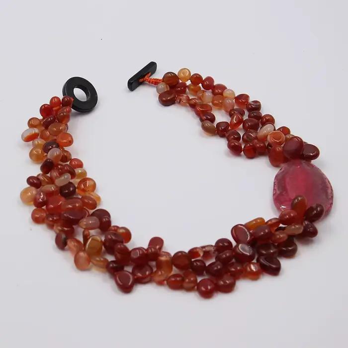 GuaiGuai-Collier à 3 brins d'agate cornaline rouge naturelle pour femme, perles de pépite, agates roses, connecteur épais, bijoux faits à la main