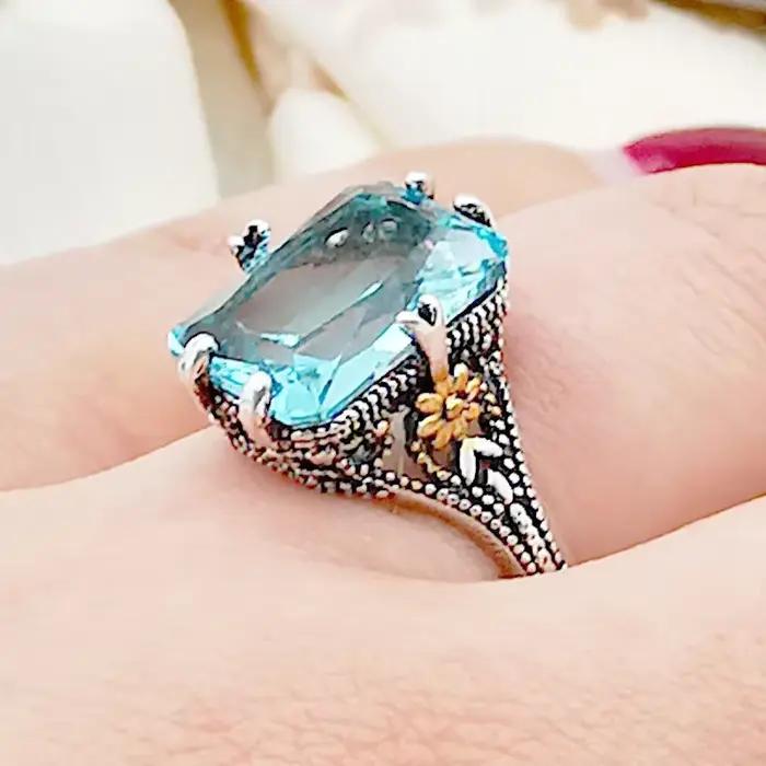 Bijoux pour femmes, bague en argent S925, bague en topaze bleue de haute mer, bague fleur bicolore