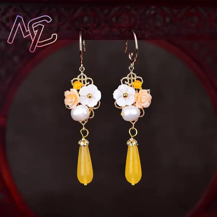 Boucles d'oreilles fleur de Jade naturel jaune, amulette Vintage, cadeaux pour femmes, bijoux réels, breloque sculptée, pierres précieuses de luxe porte-bonheur