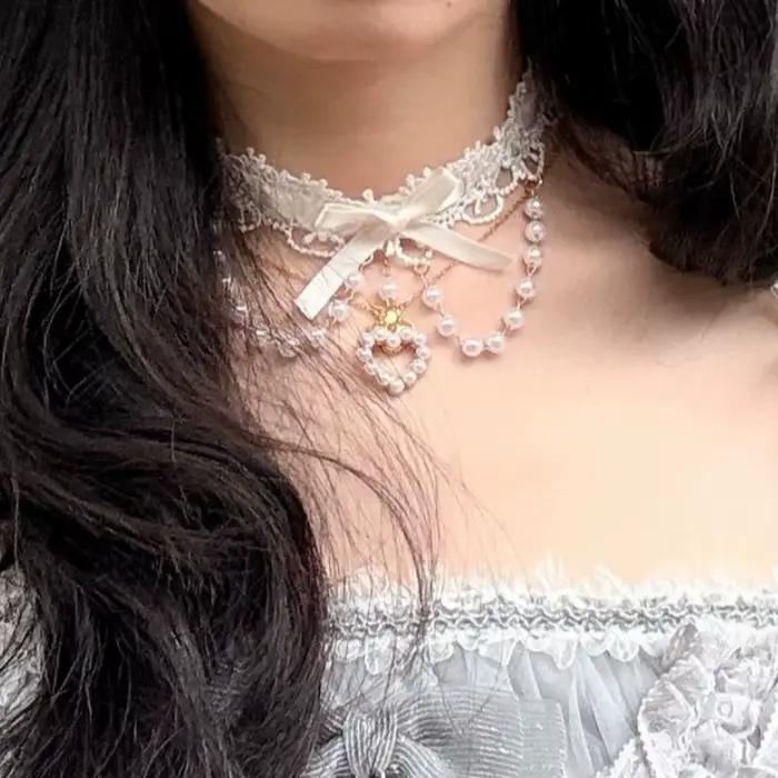 Collier en dentelle style Sweet Lolita avec nœud et perles, accessoires mignons réglables, cadeaux pour femmes, pour se déguiser en soirée