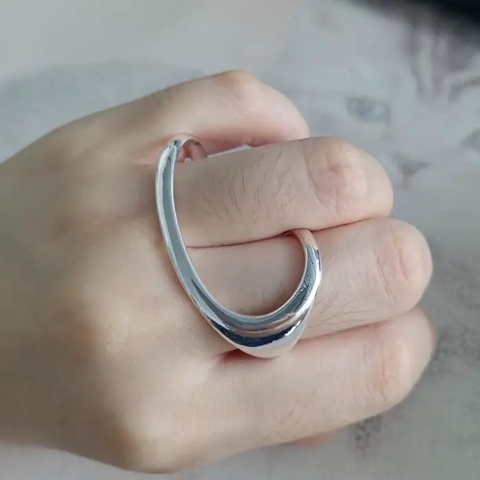 Bague ouverte en argent 925 poli, 2 doigts, 1 taille, Punk géométrique pour femmes et filles, bijoux cadeau, livraison directe, vente en gros, nouvelle mode