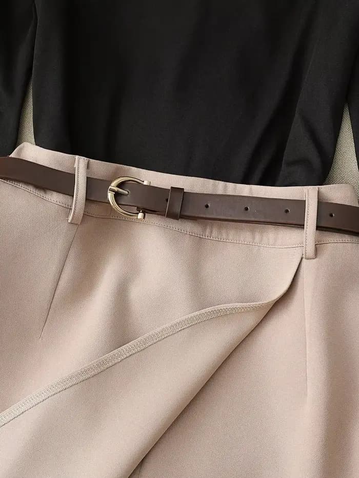 Ensemble haut à manches longues et épaules dénudées bordeaux pour femme et jupe-culotte noire, tenue élégante style « Boss Lady » amincissante en deux pièces