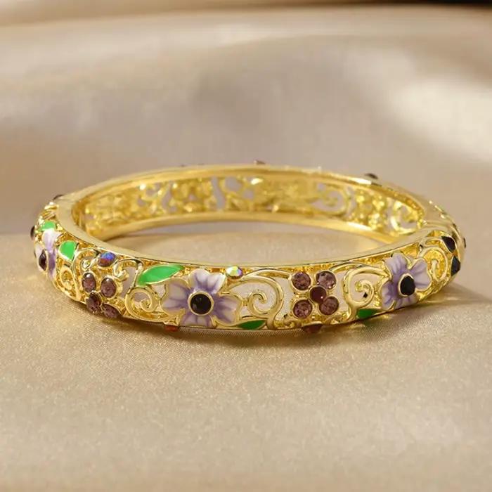 Bracelets ethniques de luxe en or, couleur or, creux, émail bleu Jingtai, glaçure goutte à goutte, trèfle à quatre feuilles porte-bonheur, zircon, bijoux pour femmes
