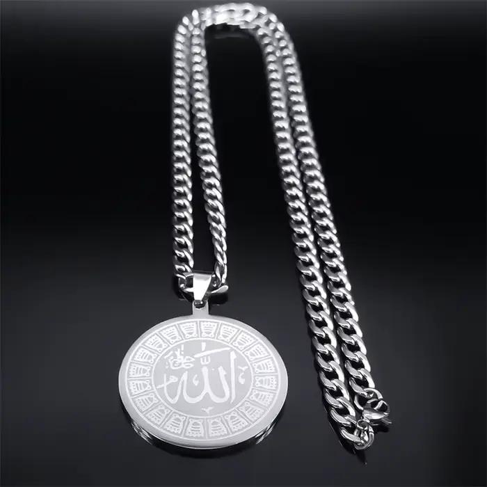 Collier Hip Hop en Acier Inoxydable pour Homme et Femme, Bijou Musulman Islamique, avec Dieu Arabe, Document Argenté, Rond, pour la raq, N2933S03