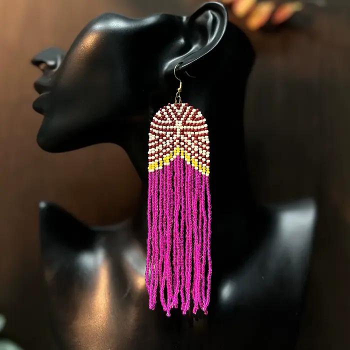 Boucles d'oreilles pendantes pour femmes Inspiration Design, perles de rocaille avec longues franges, crochets d'oreilles en acier inoxydable, accessoires