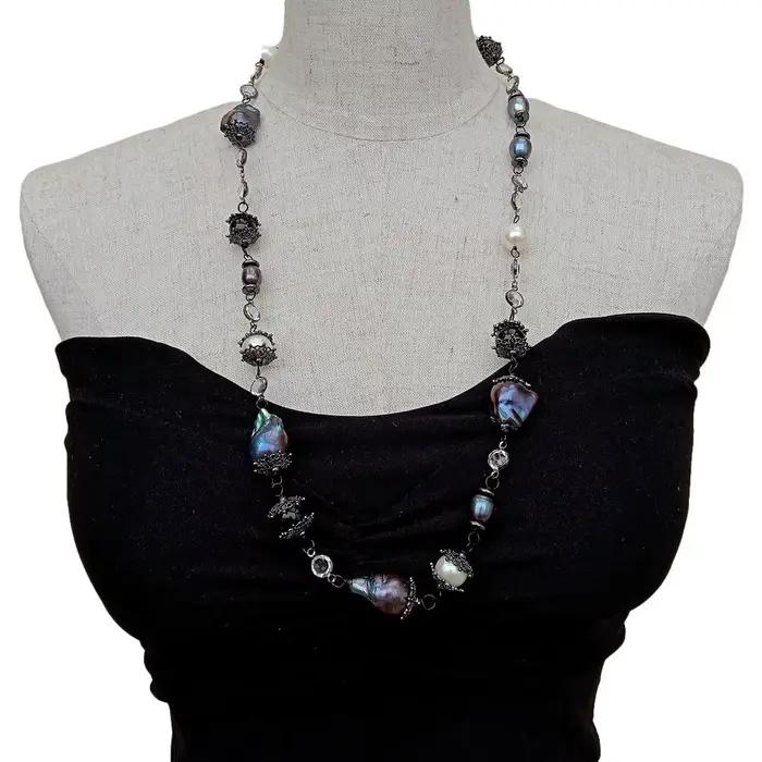YYGEM – collier longue chaîne en perles naturelles de culture d'eau douce, 30 pouces, 15x23mm, Keshi noir, perle blanche, pomme de terre