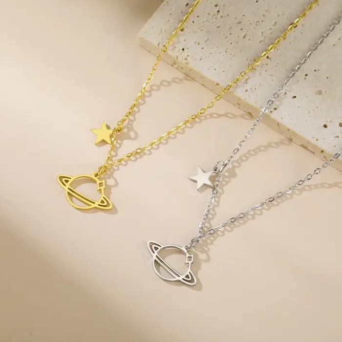 Collier pendentif planète saturne étoile en acier inoxydable pour femmes, bijoux Talisman d'astrologie romantique à la mode