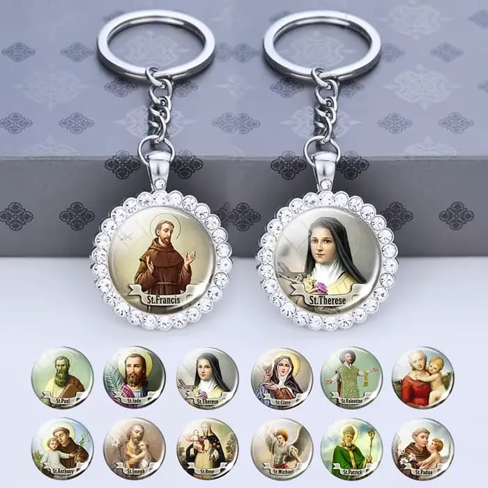 Porte-clés Saint avec pendentif en biscuits, cadeau religieux, bijoux Saint Michel, St Anthony, St Thérèse, St Joseph