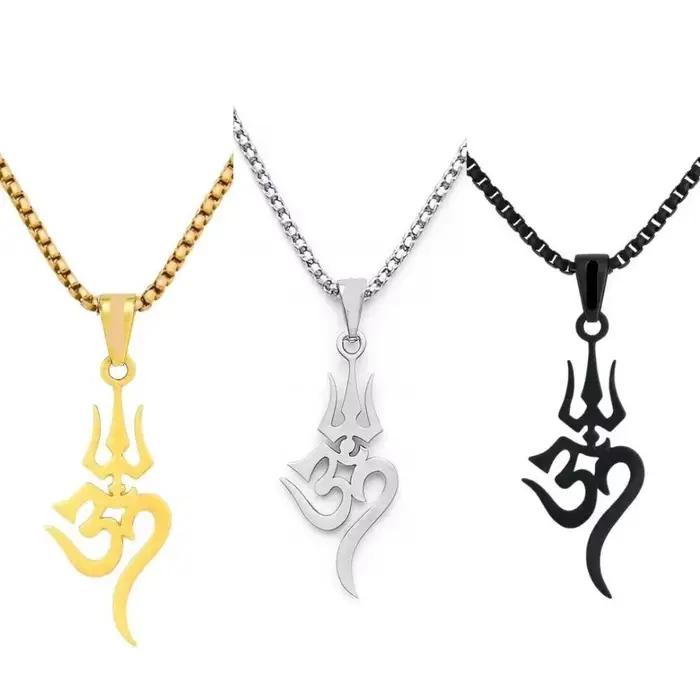 Nouveau produit - Bijoux tendance en acier inoxydable - Collier amulette en acier titane avec symbole Trident Om de Shiva