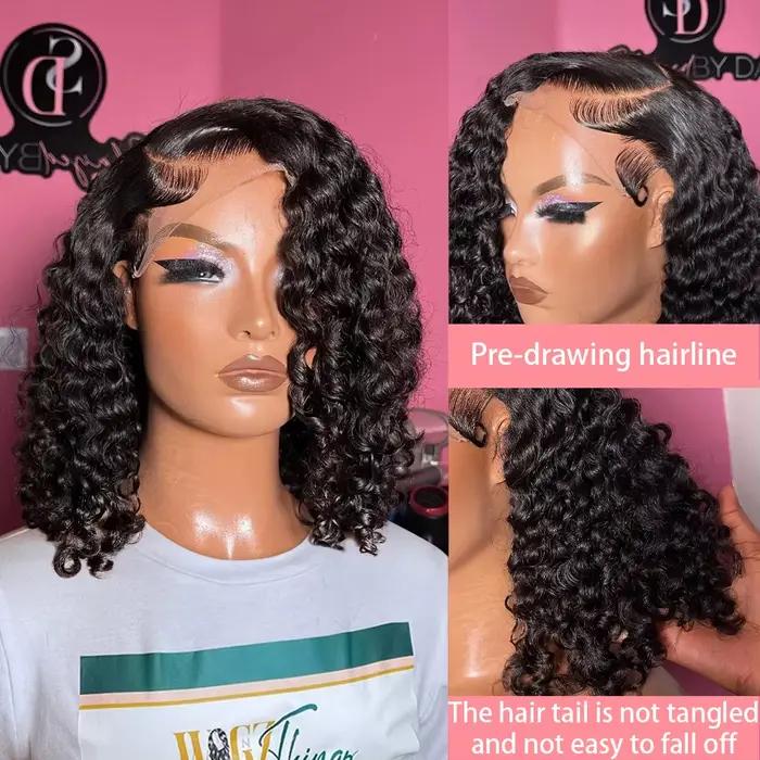 Perruque Lace Front 13x4 Courte Bouclée Bob 230% Pré-épilée, Ondulations Profondes, Perruque Frontale 4x4 en Dentelle, Cheveux Humains Brésiliens Remy 100%, 14 Pouces