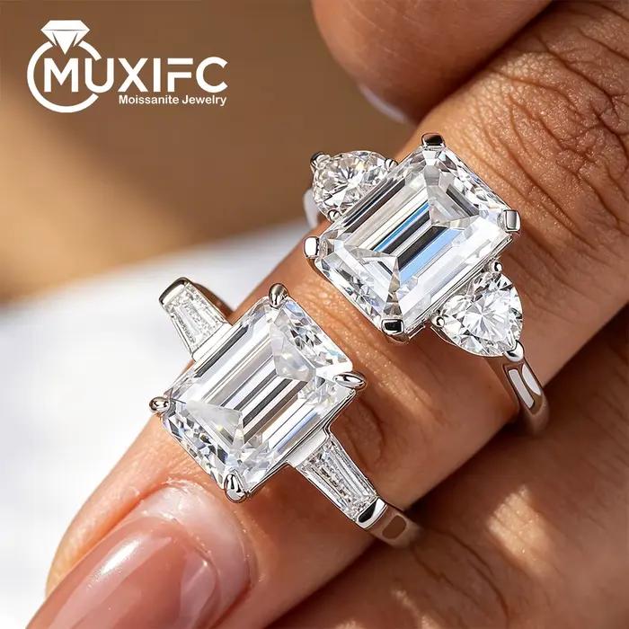 Bague de fiançailles en moissanite taille émeraude 4,5 carats, trois pierres baguette, diamant de laboratoire, pour femme, en argent sterling 925, cadeau de bijoux