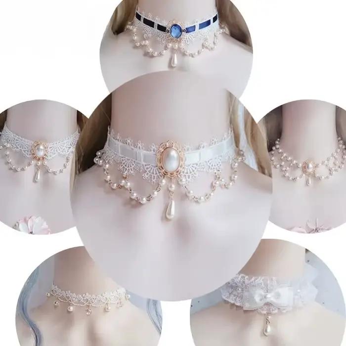 Collier Lolita Vintage gothique Style Rococo, accessoires de collier de perles en dentelle avec nœud papillon de princesse de mariage
