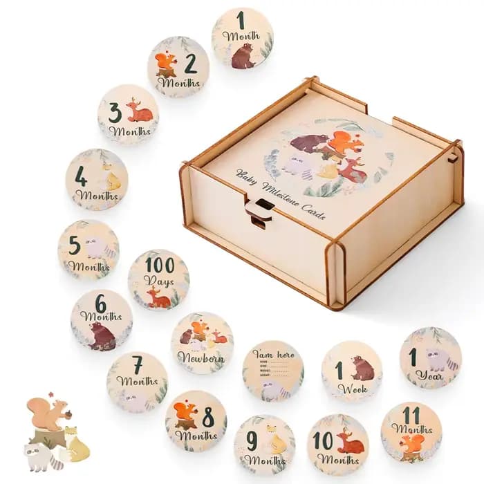 Milestones de croissance pour nouveau-né de 0 à 12 mois, carte en bois avec boîte, accessoire Photo, Image d'animal de dessin animé, Souvenir, cadeau pour bébé en bois