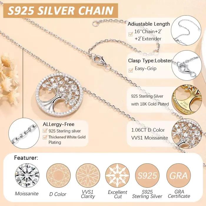 Collier pendentif Arbre de Vie en argent S925 plaqué or avec moissanite, design branches et feuilles, bijou cadeau pour femme ﻿