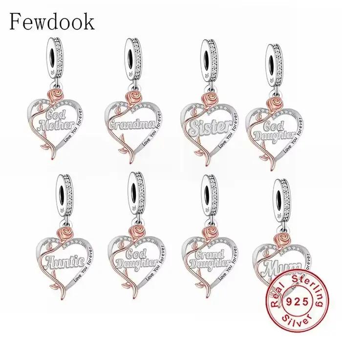 Perle en argent regardé 925 pour femme, convient au bracelet à breloques saupoudrer original, fleur rose, amour pour toujours, dieu, fille, cadre, bricolage