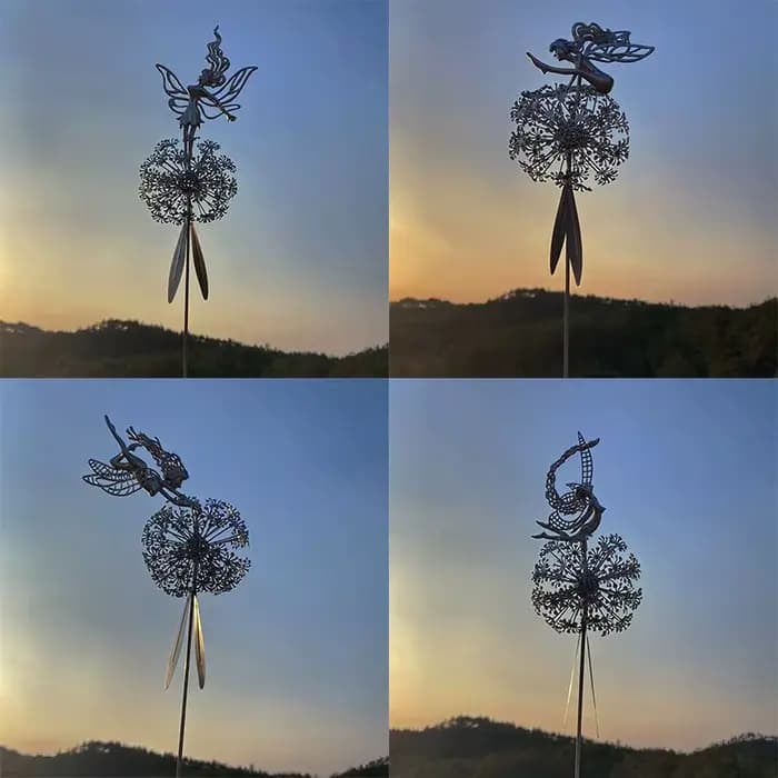 Fées ange avec pissenlits fleurs danse, décoration de jardin féerique en plein air, Sculptures et Figurines insérées artisanat en métal du sol