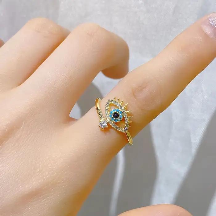 Bagues ouvertes couleur or argent mauvais œil pour femmes, anneau de doigt réglable en cristal, accessoires de bijoux de fête à la mode