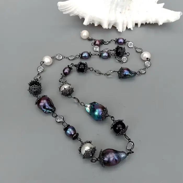 YYGEM – collier longue chaîne en perles naturelles de culture d'eau douce, 30 pouces, 15x23mm, Keshi noir, perle blanche, pomme de terre