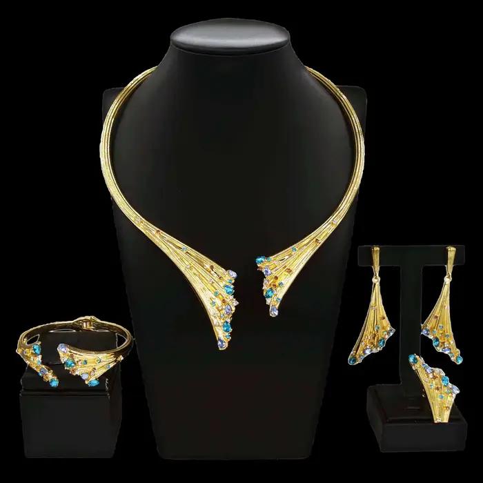 Ensemble de bijoux plaqués or pour femmes, dubaï, collier de luxe en pierre bleue, Bracelet, bague, ensembles de bijoux pour fête de mariage