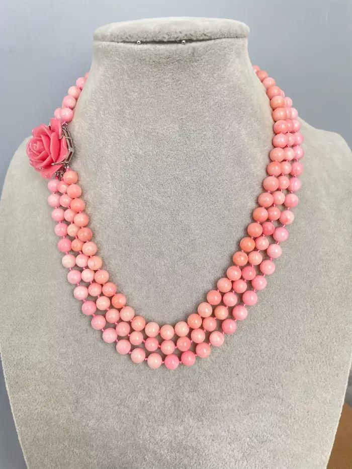 Collier de perles de corail rose 7 mm, 3 rangs, rare
