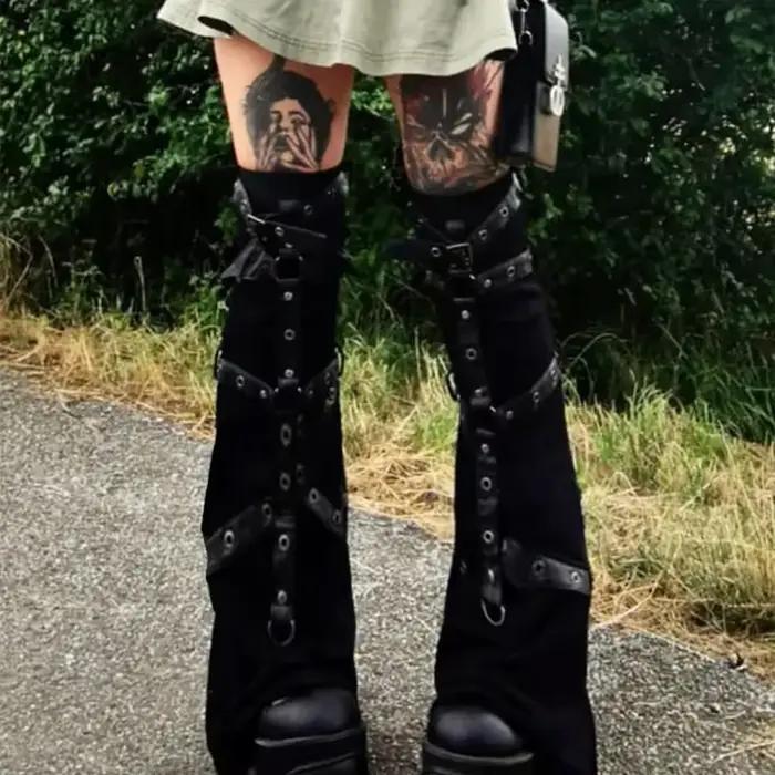 Jambières Gothiques Foncées avec Sangle à Œillets pour Femme, Noir, Chaud, Rock, Harajuku, sulfChaus