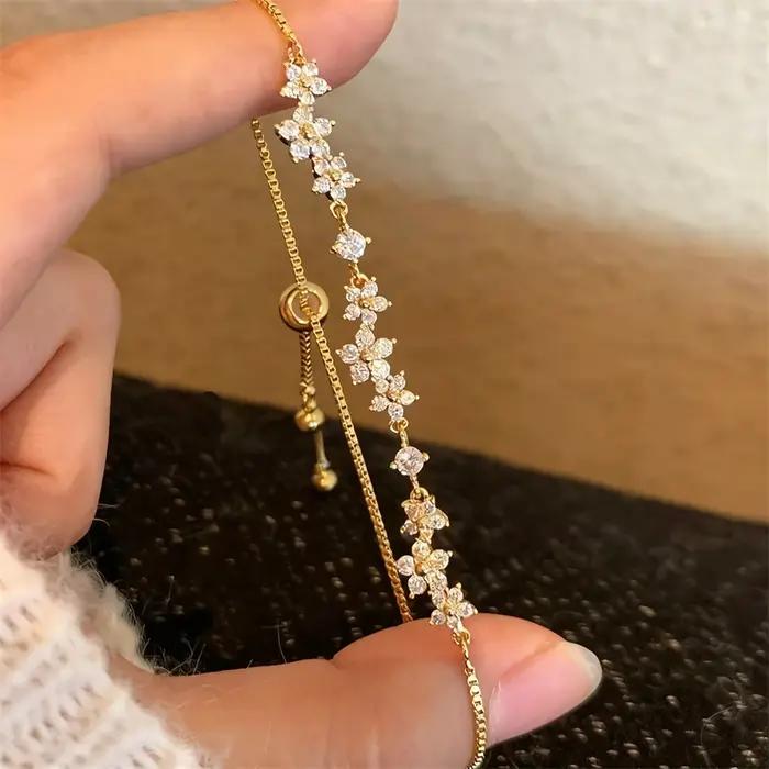 Bracelet Fleur en Cristal Zircon Exquis et Luxueux pour Femme, Jonc Ajustable avec Strass Brillants,